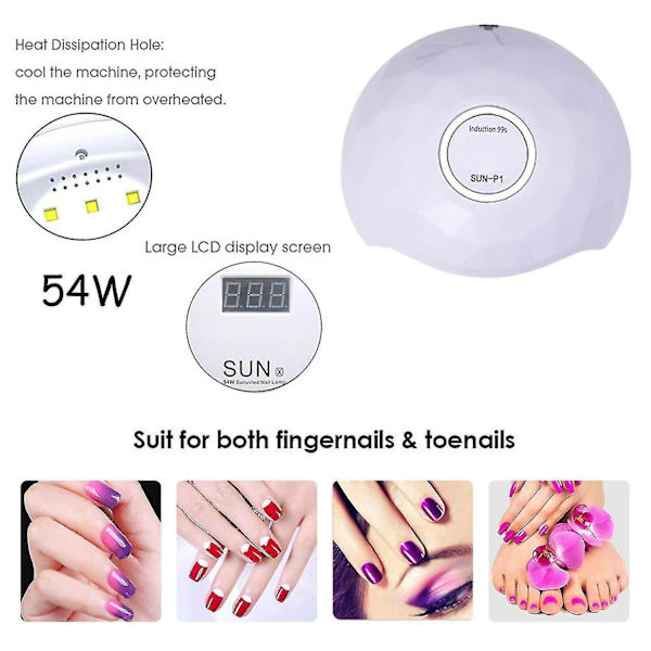 Sun-p1 54w UV Gel Nagelljus Nageltorkare LED UV-ljus för Gellack-99s Timrar Nagelkonsttillbehör Cu（Vit）