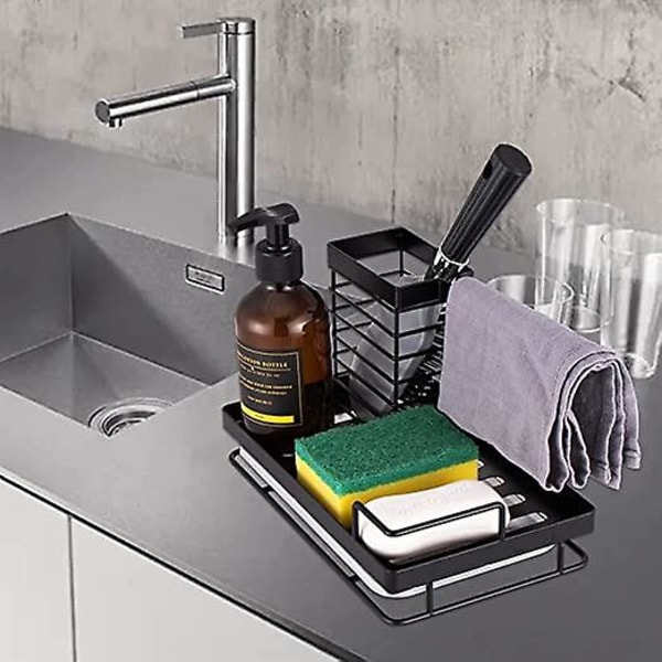 1 stk kjøkkenvask svamp holder, kjøkkenvask oppbevaring svamp børste holder arrangør med dreneringsbrett, for oppvask, svamp, rengjøringsbørste, oppvaskkluter (svart) 25x15.5x14.7cm.