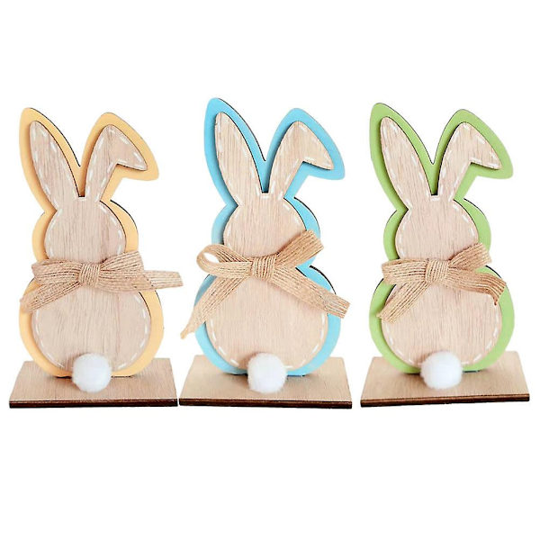 3-pack påskhare dekoration söt trä kanin dekoration kanin form rum dekor (9X4cm, blandade färger)