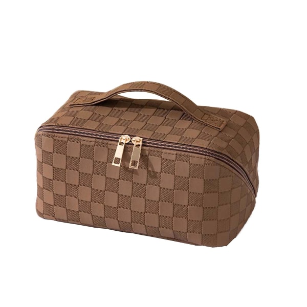 Bärbar kosmetisk väska med stor kapacitet för sminkväska, PU-läder vattentät kosmetisk väska (mörkbrun)