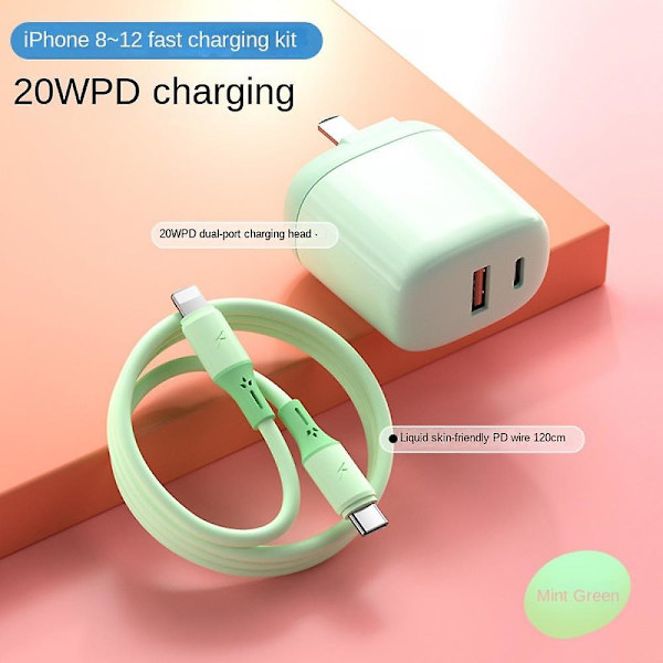 Kompatibel multifunktionell USB-väggladdare, flerfärgad kompakt, med typ-c+usb-laddare och Pd-kabel för hem, kontor och resor (2 st)(Grön)