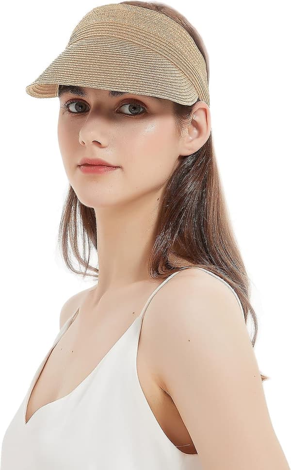 Kvindernes Roll Up Foldable Solhat Bred Skygge Halm Strand Cap Loop Lukning og Justerbar Golf Visor-Coffee