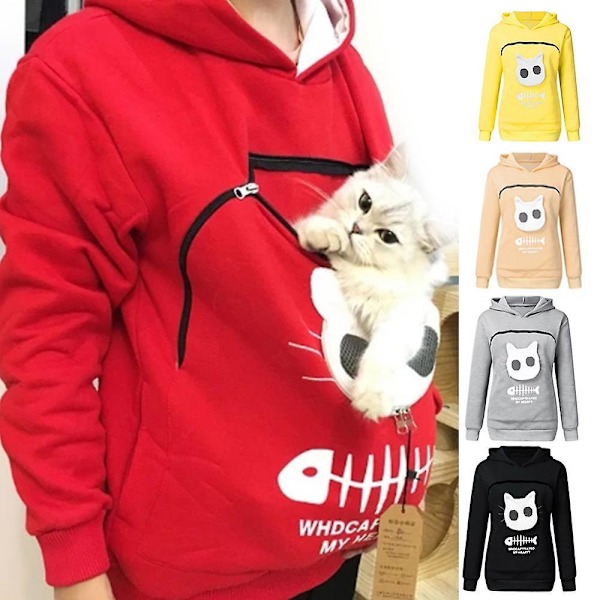 Genser for katteelskere med hette, kengurulomme for hund, kjæledyrpote, genser med koselig lomme, hettegenser med dyreører, Acp (XL, rosa)