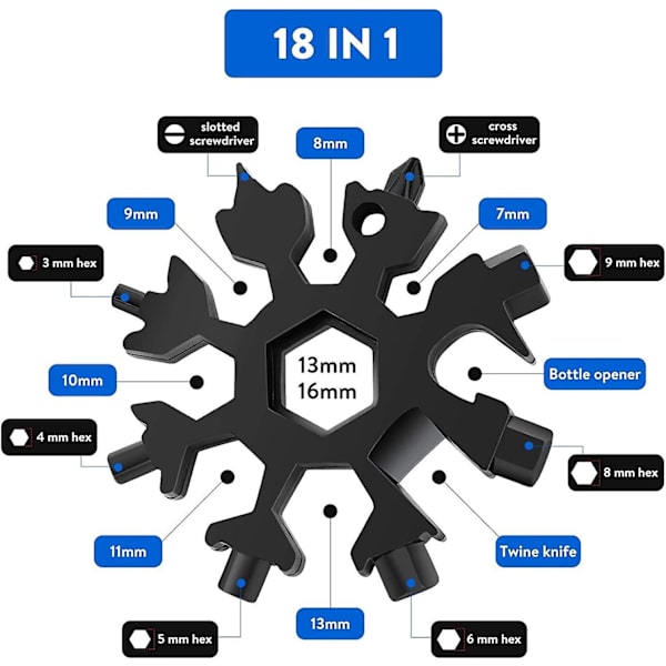 4 kpl monitoimityökalu 18 in 1 litteä pullonavaaja Phillips-ruuvimeisseli rengasavain kuusiokoloavain, kannettava avaimenperä ulkoiluun ja matkustamiseen