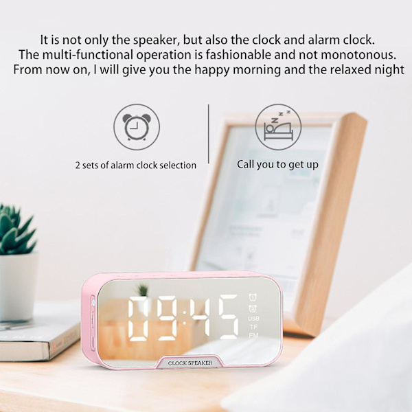 Digital klocka med Bluetooth-högtalare, väckarklocka med dubbla alarm, spegel LED-display, Bluetooth V5.0, TF-kort och AUX-kabel (rosa)