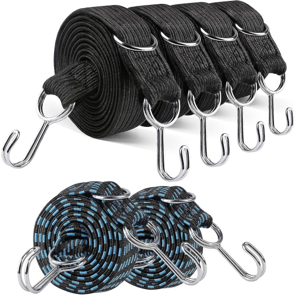 Set med 6 elastiska bungeesnören med krokar, 4 extra långa elastiska remmar på 2 M och 2 blå elastiska linor på 1 M, 200 X 3 Cm, 100 X 3 Cm