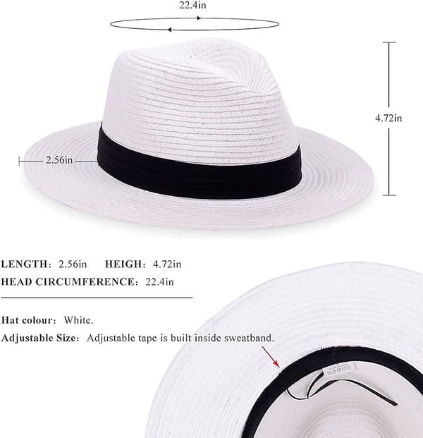 Solhat til kvinder, strandhatte, sommerhat, solhat, bredskygget floppy fedora-hat, UPF50+ - hvid