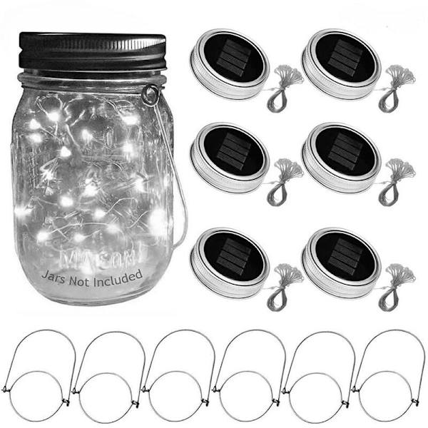 6-pack LED-strängljus med lock, 6 hängare (burkar ingår ej), Mason Jar-dekor, uteplats-trädgårdsdekor vit 2 m 20 lampor