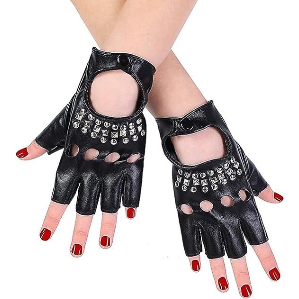 Punkhandskar i Pu-läder för kvinnor Dubbade rem eller spänne Half Finger Performance-handskar