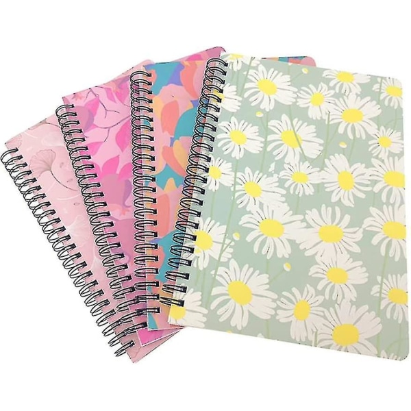 Spiral Notebook Journal, Wirebound Ruled Sketch Book Notepad Diary Memo Planner, A5 Storlek & 80 Ark (4 st, Blad & Blomma)