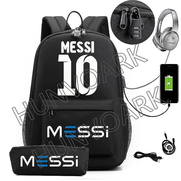 Messi vedenpitävä reppu USB casual matkareppu naisten miesten suurikapasiteettinen matkareppu kannettava reppu Koululaukut (hopea)