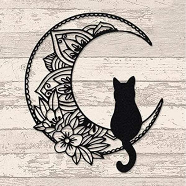 Svart katt och månväggkonst, månfasväggkonst, svart katt på månväggpediment, svart kattväggskulptur för kattälskare（A）