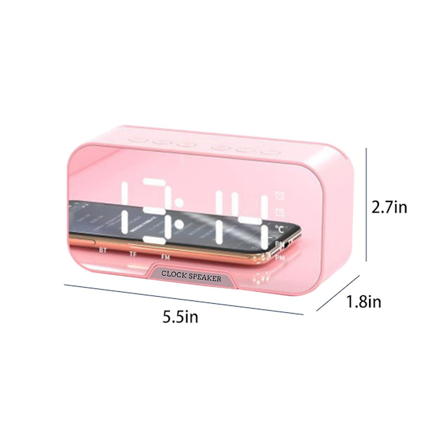 Digital klocka med Bluetooth-högtalare, väckarklocka med dubbla alarm, spegel LED-display, Bluetooth V5.0, TF-kort och AUX-kabel (rosa)