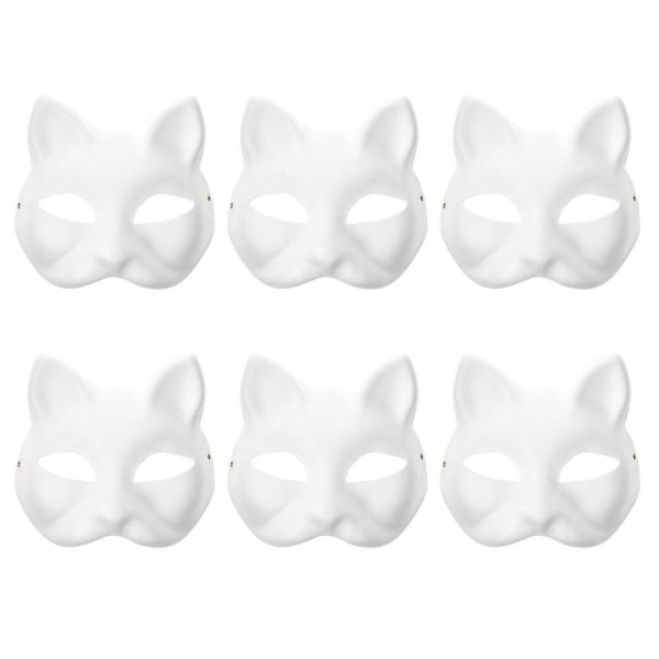 6 pakke Blank Cat Cosplay Mask Cartoon Paper Mask Adult Masquerade Party Favor (18.00X17.00X6.00CM, hvid)