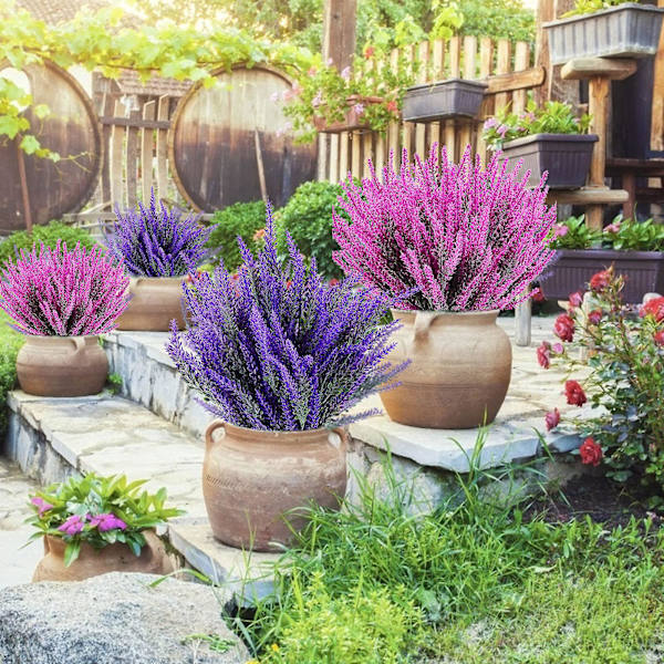 Kunstige lavendelblomster 5 bundter kunstige plastikplanter UV-bestandige indendørs udendørs hjem have veranda dekoration（Lilla）