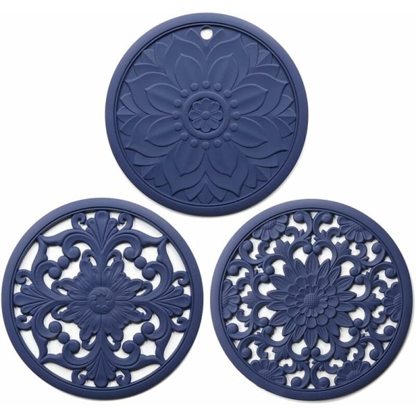 Set med 3 halkfria silikonunderlägg för grytor, grytunderlägg, tekanna, placemats, grytunderlägg, blå