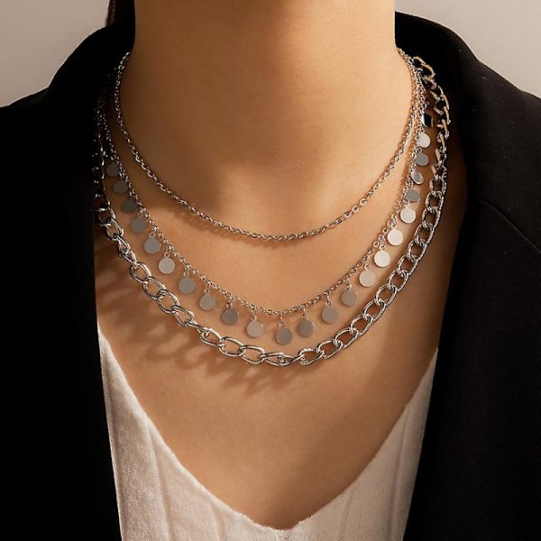 Punk flerskiktat mynthalsband Vintage Silver Large Sequin Pendant Halsband Hip-hop Chunky Cuban Chain Choker