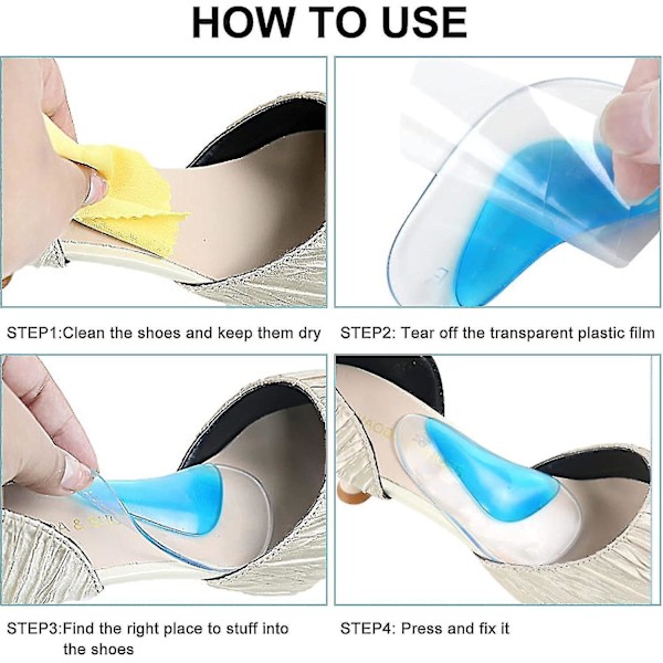 4 par Gel Arch Support Inläggssulor, Gel Inläggssulor För Plantar Fasciit, Gel Hög Klack Insatser Kuddar, Silikon Ortopediska Inläggssulor