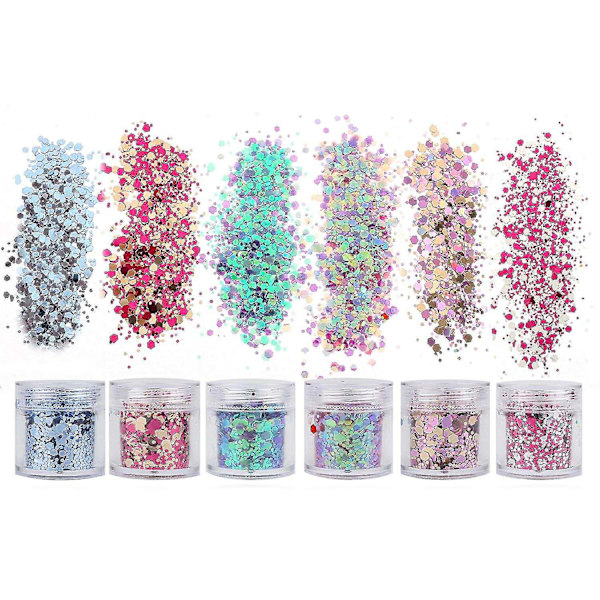 6 lådor nagelpaljetter iriserande flingor nagelkonstkit och tillbehör
