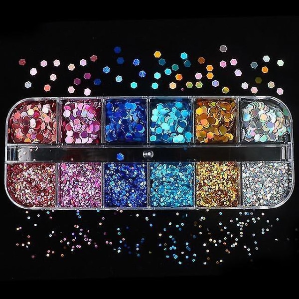 12LBX3 Holographic Nail Art Glitter 3d Färg Full Flakes