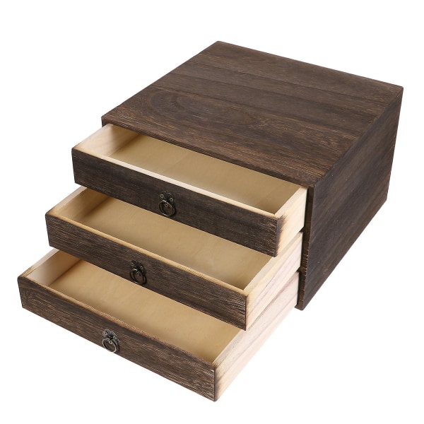 styk opbevaringsboks i massivt træ skrivebordsboks i retro-skuffe (3 lag) (25.5X24.5X15.5CM, brun)