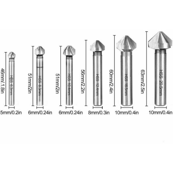 6-delad 90° 3-skärig HSS-avfasningssats, försänkare, försänkningsborr, försänkningsbit, avfasningssats