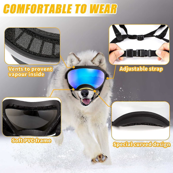 Hundebriller Hunde UV-beskyttelse Solbriller med justerbar stropp Hunder Vindtette Anti-dugg utendørs kjæledyrbriller yDF（Sort innfatning x blått glass）