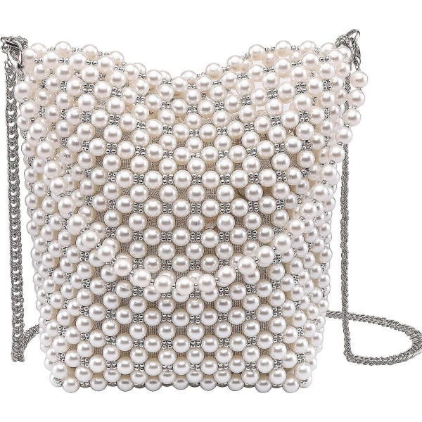 Women Beaded Handbag Pearl Clutch Purse Evening Handbag Crossbody Bucket Pearl Tote Shoulder Bag Top-handle Chain（Ivory）