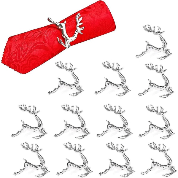 12 kpl Deer Elk joululautasliinasormukset 12 set , kultaiset joululautasliinasormukset illallisjuhliin Loma Häät kiitospäivä joulu uusi vuosi (hopea)