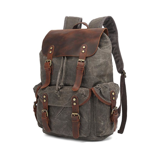 Retro läder dator resevaxad canvas ryggsäck（Khaki）