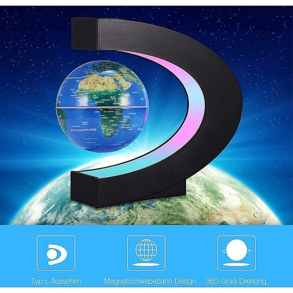 Magnetisk flydende globe, 3,5 tommer C-formet belyst verdenskortklode med LED-farvelys til skrivebordsdekorationslegetøj til børn, fødselsdag og ferie