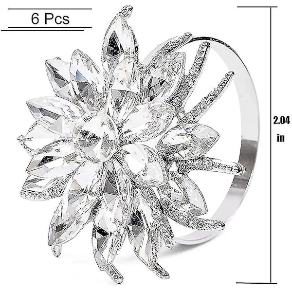 Serviettringer, sølv serviettringer sett med 6, luksus rhinestone krystallblomst