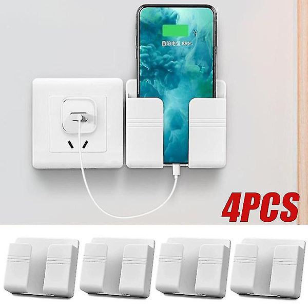 4 stk. Multifunktionel Punch Free vægmonteret opbevaringsboks Organizer Tv fjernbetjening monteret mobiltelefon stik opladningsholder（Hvid）