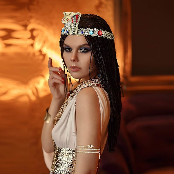 3 delar egyptiska kostymaccessoarer egyptisk huvudbonad med 2 delar metallormarmar manschetter virvelormarmband orm övre armband för kvinnor