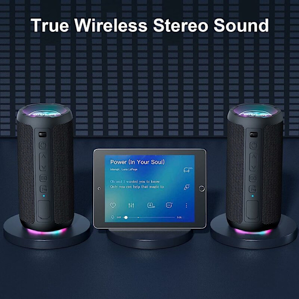 Trådlös bärbar Bluetooth-högtalare. LED-ljus, IPX7 30 timmars speltid, högre volym och förbättrad bas, hållbar för resor, utomhus
