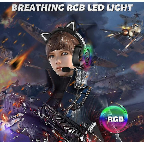 Gaming Headset med Gel Katteører Kompatibel med Xbox One, Ps4, Ps5, Pc（Sort）
