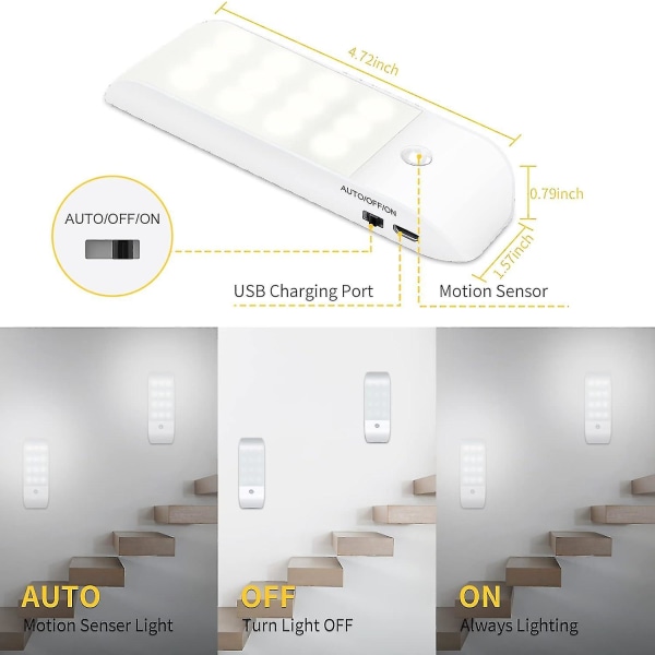 Automaattinen valo, kannettava liikkeentunnistusvalo, 3 tilan yövalo 12 ledin USB -ladattava lämmin valo