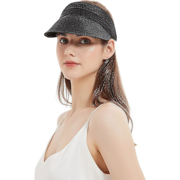 Kvindernes Roll Up Foldable Solhat Bred Skygge Halm Strand Cap Loop Lukning og Justerbar Golf Visor-Sort