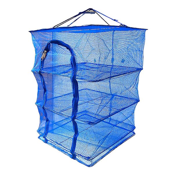 1 hopfällbar hängande fiskenät flerskikts fisk torkningskorg, frukt och grönsak hängande bur (blå kors modell) (40X65CM, blå)