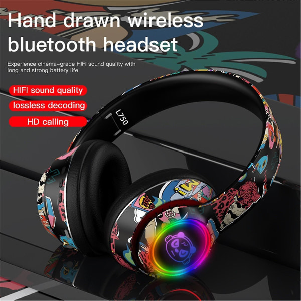 Trådløse Bluetooth Cool Graffiti LED-oplyste Gaming Headset til børn, teenagere og voksne, hovedtelefoner med indbygget mikrofon, kompatibel med iOS og Android (sort)