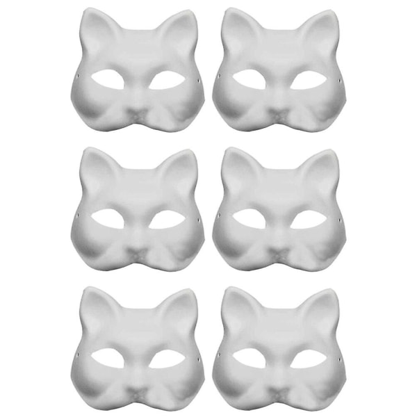 6-paknings uferdig katte-cosplay-maske tegneseriepapirmaske til voksne maskeradefester (18X16X6CM, hvit)