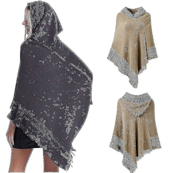 Kvinnors vinter stickade huva poncho cape enfärgad virkad fransad tofs sjal wrap oversized pullover kappa tröja