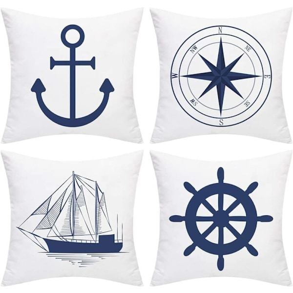 Set med 4 nautiska kuddfodral - Marinblått ankare - Navigation - Kompass - 45 x 45 cm - Marin stil - Vit och blå
