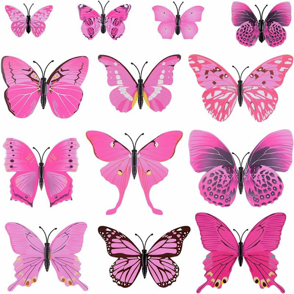 36 st 3D fjärilsväggdekaler väggfjärilar flickrum tillbehör, rosa
