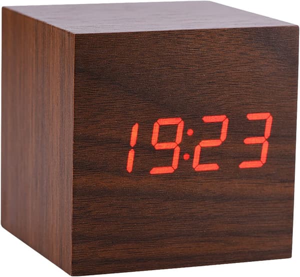 Træ LED temperaturdisplay stemmestyring elektronisk vækkeur (brun)