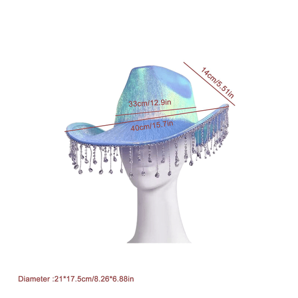 Cowgirl hat til kvinder Neon cowboyhatte med rhinestone frynser holografisk glitter kostume til disco dansefest (blå)