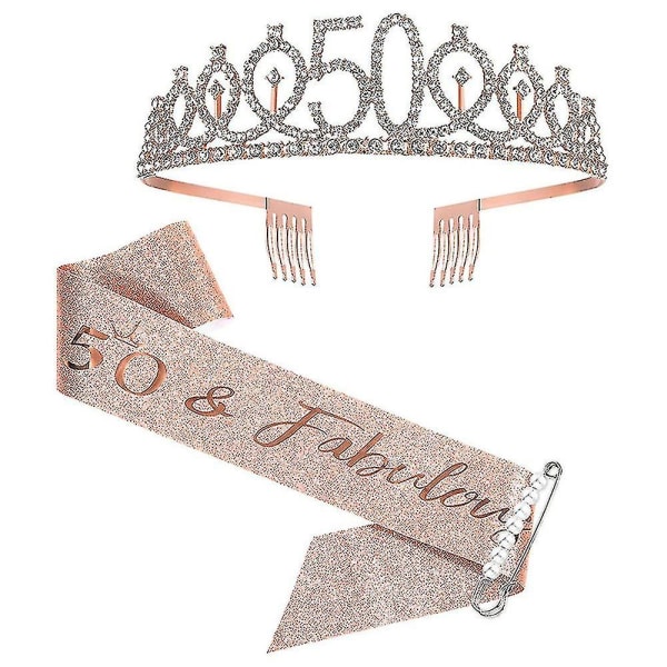 50-års skärp och tiara för kvinnor, roséguld födelsedag skärp krona och fantastiska skärp och tiara