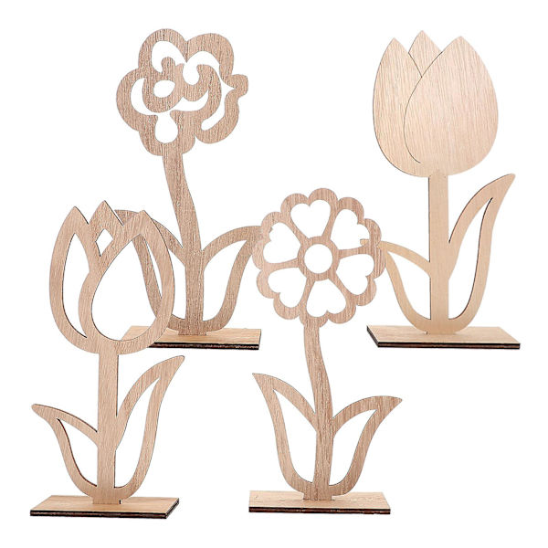 4-pack träblomsterbords skylt påsk trä omålad ihålig blomster skylt (22.00X9.70X4.00CM, som visas på bilden)