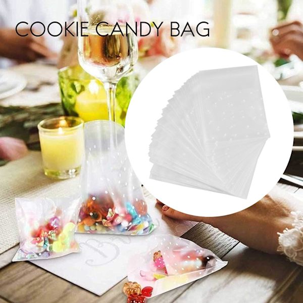 200 st självhäftande godispåsar kakpåsar självhäftande försegling prickig genomskinliga påsar plastdel