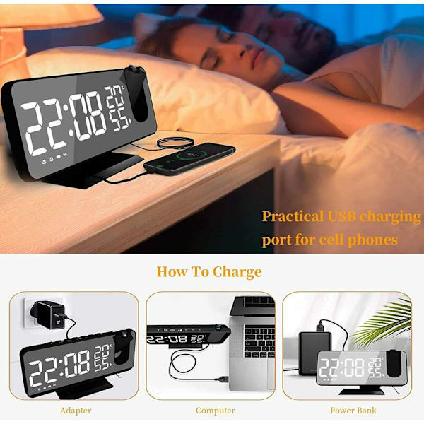 Projektorur med radio, digitalur, USB-klockradio med dubbla alarm och 7 (vita tecken) LED-spegeldisplay